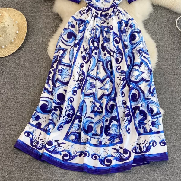 LE1513 Fashion Runway Mayorika Porcelain Flower Print Long Dress Women Short Sleeve O Neck Vintage Beach Party Vestido - Image 4