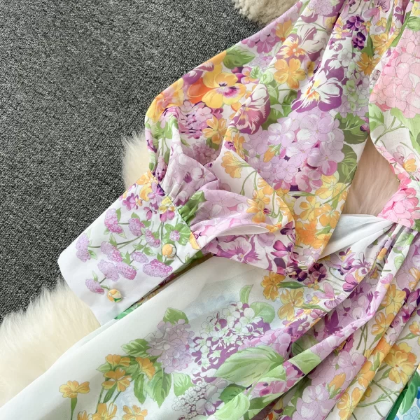 LE1903 2025 Flower Series Spring Ladies Floral Print Evening Dress Boho Holiday Stand Collar Lantern Sleeve Casual Maxi Dress - Image 4