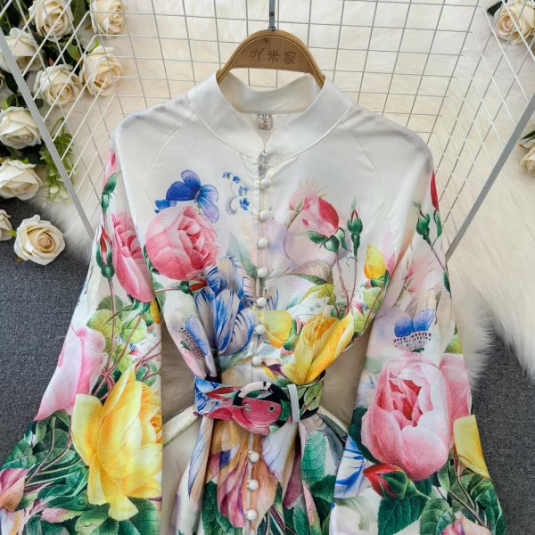 LE1934 2025 Vintage Floral Print Evening Gown Court Style Lantern Long Sleevebelted Single-Breasted A-Line Women Maxi Dress - Image 4