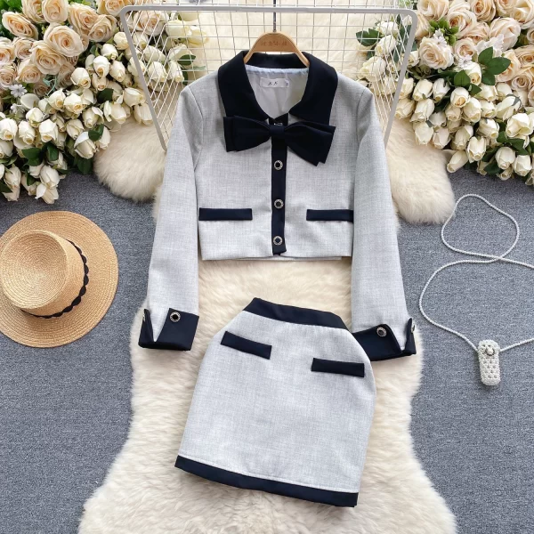 LE2087 Korean Drama Rich Family Daughter Suit Small Fragrant Wind Color Bow Cardigan Coat Short Skirt Two-Piece Set - Image 3