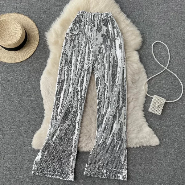 Boutique Hot Sale Sequins Trousers High Waist Straight Pants Women Shinny Long Pants - Image 2