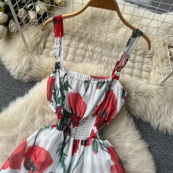 LE1467 Pastoral Style Floral Print Suspender Dress Elastic Waist Fold Retro Super Fairy Flowing Hemline Mid-Length Women'S Dress - Image 2