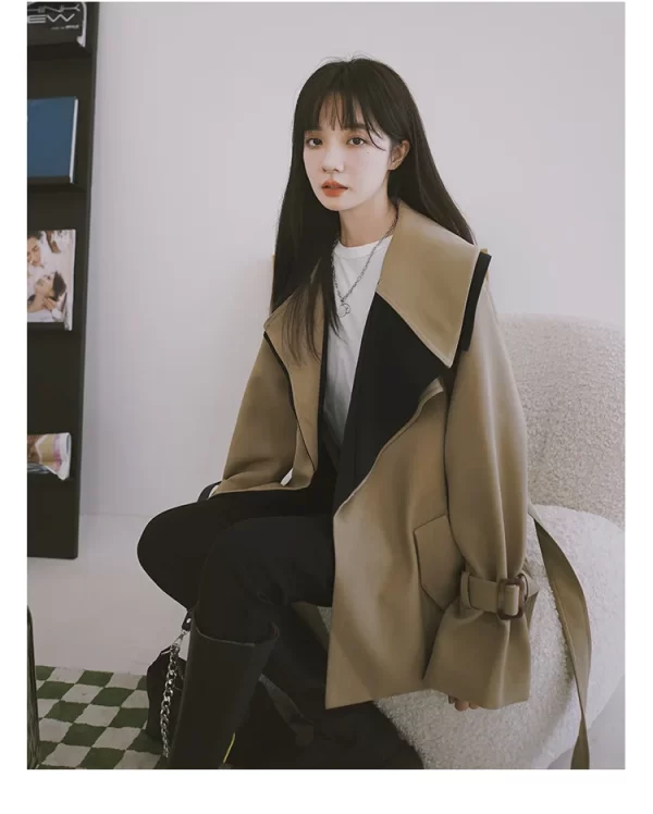 LE4559 Spring and Autumn Waist Windbreaker Women Short Loose Thin Man British Style Patchwork Coat Coat Span - Image 3