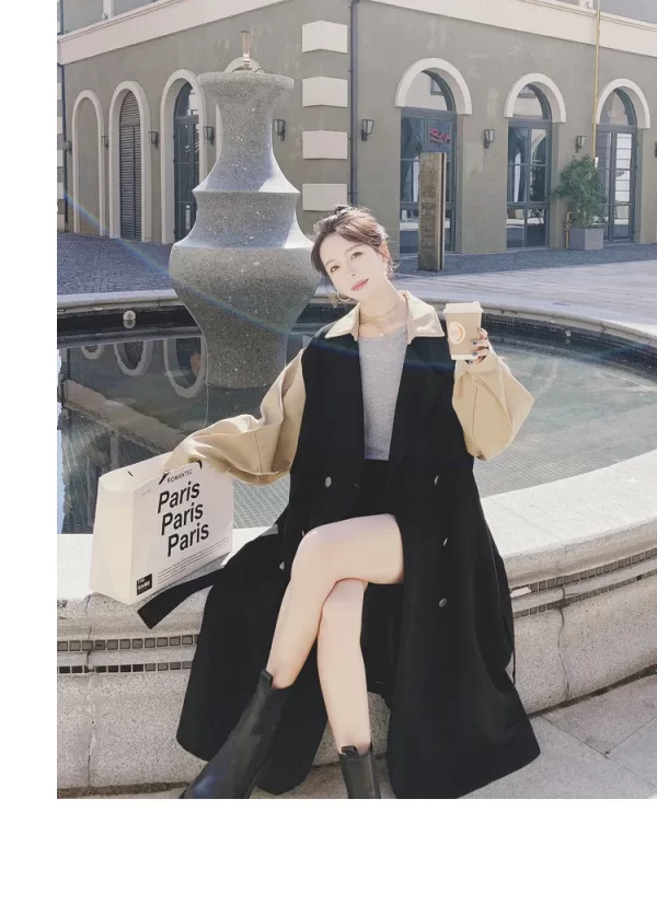 LE4562 Autumn New Design Sense Long Coat Women Trench Coat Women'S Autumn Mid-Length Over the Knee Slimming Black Coat - Image 3