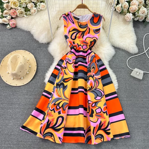 LE1407 Senior Sense of Retro Sleeveless Round Neck Print Boutique Dresses Elegant Large Hem Evening Long Dresses