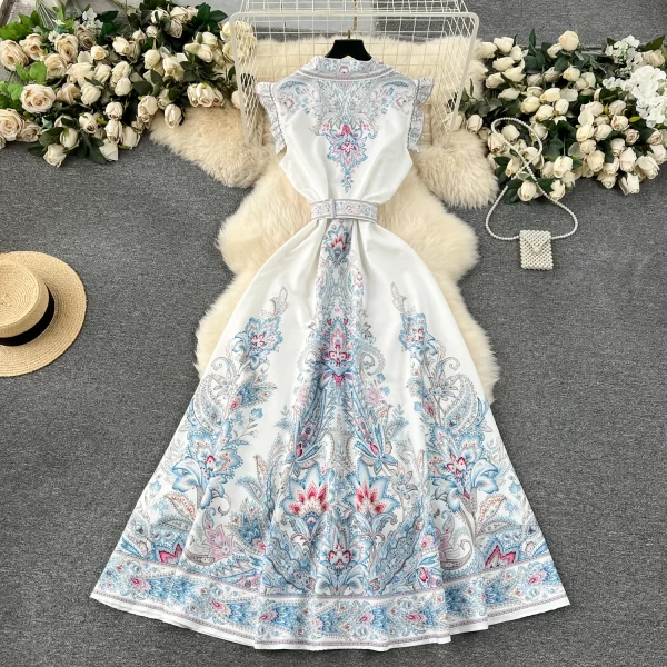 LE1908 2025 New European Long Evening Dress Retro Court Style Niche Print Shirt Dress Slim Flying Sleeve Woman Spring Clothing - Image 3