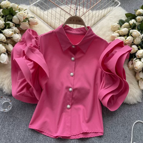 LE4026 French Niche Design Sense Ruffled Shirt Women'S Summer Dress New Fashion Style With Lapel Cardigan Top