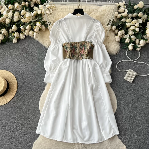 LE2067 French Court Style Bubble Sleeve Single-Breasted Shirt Dress + Halter Print Small Vest Two-Piece Set - Image 2