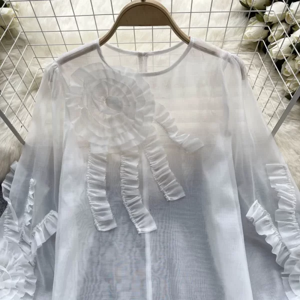 LE4012 French Heavy Industry Three-Dimensional Flower Long-Sleeved Shirt Women Spring and Summer New Sweet Loose Thin Chiffon - Image 2