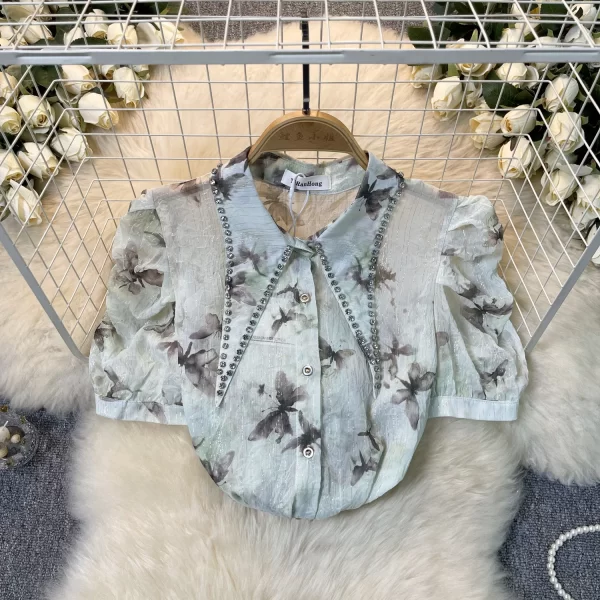 LE4038 Summer Western Style Shirt Women'S High-End Chic Pleated Bubble Sleeve Top With Diamond Pointed Collar French Shirt - Image 2