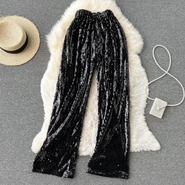 Boutique Hot Sale Sequins Trousers High Waist Straight Pants Women Shinny Long Pants - Image 3