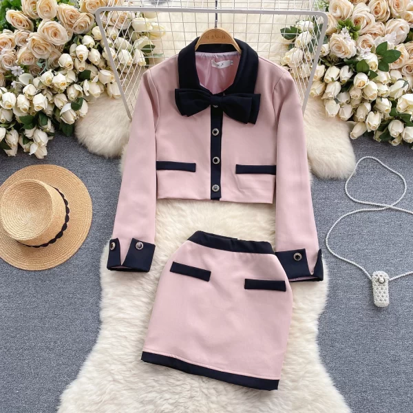 LE2087 Korean Drama Rich Family Daughter Suit Small Fragrant Wind Color Bow Cardigan Coat Short Skirt Two-Piece Set