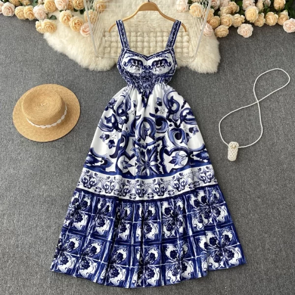 LE2120 Summer Holiday Maxi Dress Women's Spaghetti Strap V Neck Backless Blue and White Porcelain Print Vacation Long Vestido