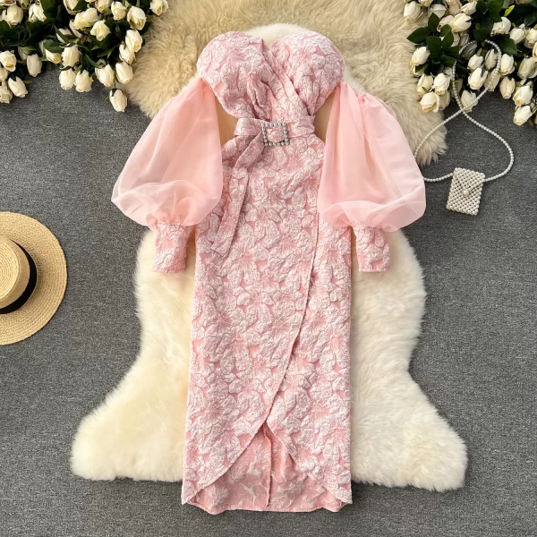 LE2148 Celebrity Banquet Dress Chic Irregular Hemline Woman'S Evening Dress Luxury Lantern Sleeve Sexy Strapless Long Dress