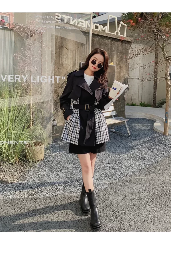 LE4557 Plaid Patchwork Black Trench Coat Female Design Sense of High-Grade Spring and Autumn British Wind Long Coat - Image 4