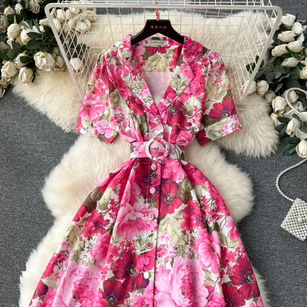 LE1935 2025 Summer Flower Series Print Dress Luxury Suit Collar Single Breasted Evening Gown Ladies Office A-Line Maxi Dress - Image 3