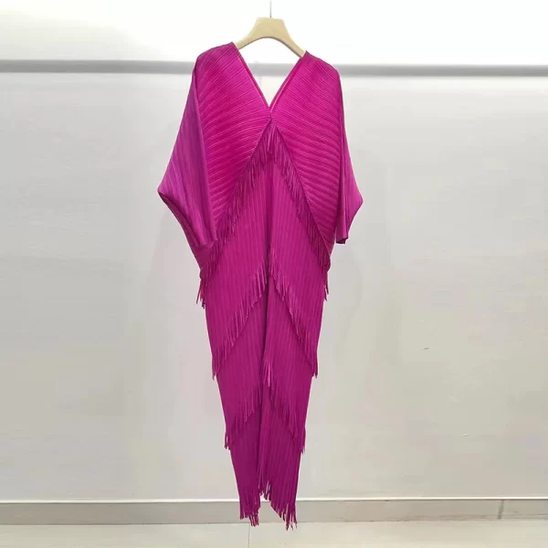 LE1564 Pleated Tassels Dress for Women V-neck Batwing Sleeves Fashion Spliced Dresses Female Clothing Boutique Casual Dress - Image 4