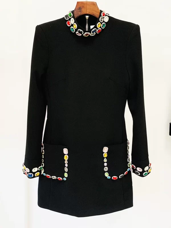 LE1923 2025 Spring Fashion Heavy Industry Nail Beads Color Gem Diamond Long Sleeve Mini Dress Socialite Party Dress - Image 2