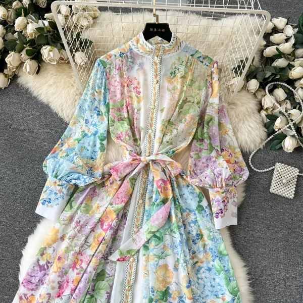 LE1903 2025 Flower Series Spring Ladies Floral Print Evening Dress Boho Holiday Stand Collar Lantern Sleeve Casual Maxi Dress - Image 3