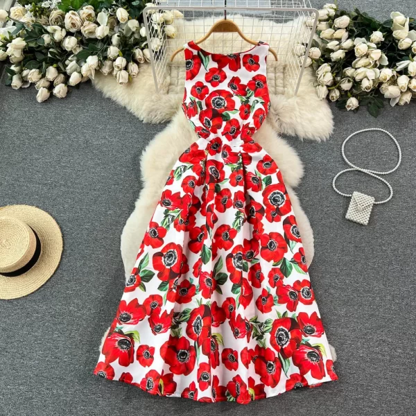 LE1449 Celebrity Senior Sense Floral Printing Undershirt Dress Female Summer New Temperament Elegant Swing Evening Dress