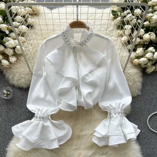 LE4018 French Retro Court Style Shirt for Women With Thin Temperament Shirt Senior Sense of All Studded Beaded Top - Image 3