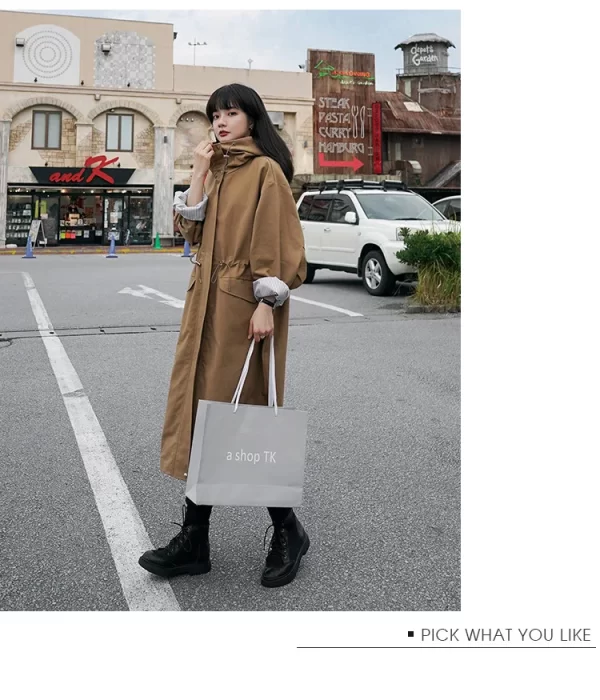 LE4556 Autumn Long Trench Coat Female Korean Version Loose Small Waist Cargo Hooded Coat - Image 4