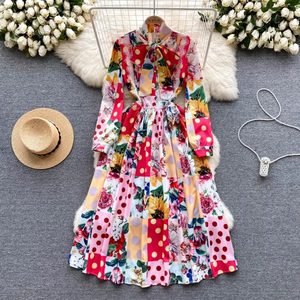 LE1664 Chic Temperament Long-Sleeved Bow Lace-Up Print Dress Business Socialite Party Elegant Lace Multicolor Dress