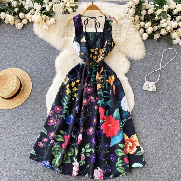 LE1595 Bohemian Summer Women Dress Fashion Spaghetti Strap Colorful Flower Print Black Long Party Midi Casual Dress - Image 2