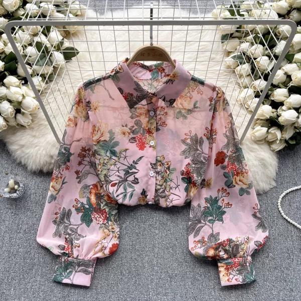LE4025 French Vintage Printed Shirt Women 2025 Early Spring New Age-Reducing Bubble Sleeve Slim Chiffon Top - Image 3