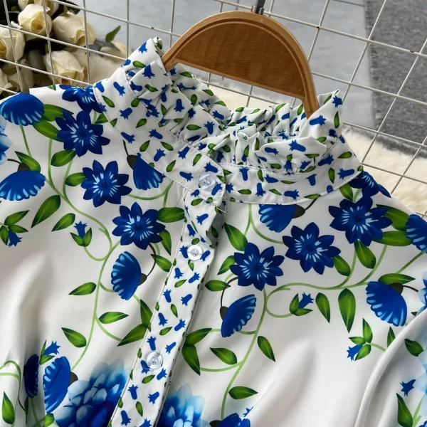 LE1453 Lantern Sleeve Floral Dress Polo Neck Lace-Up Print Gentle Wind Shirt Dress Women'S Office Holiday Wind Dress - Image 3