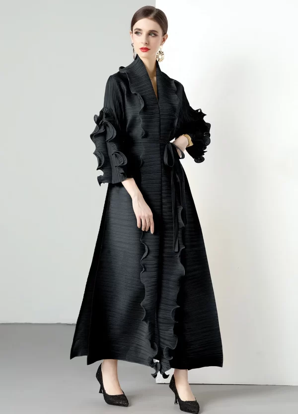 LE1751 Miyake Pleated Long Petal Sleeve Dress Lapel Cardigan Sashes Loose High Long Dress Fall Winter Women Designer Clothes - Image 2