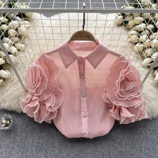 LE4041 Retro Court Gauze Shirt Three-Dimensional Flower Design Sense Niche Unique Daughter Miss Light Luxury Blouse - Image 2