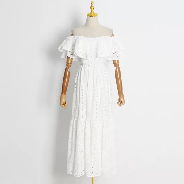 LE1631 Embroidery Elegant Dress for Women Slash Neck Short Sleeve High Waist Cut Out Midi Dresses Female Summer Clothing - Image 3