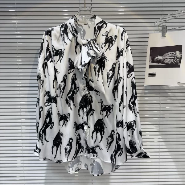 LE2057 New Niche Horse Print Pattern Strap Sunblock Glass Silk Shirt