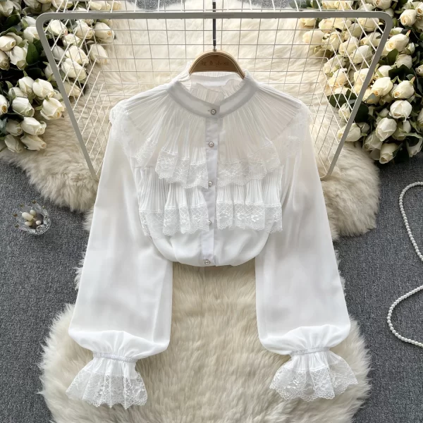 LE4019 Haruhi Blouse for Women Design Sense Heavy Pressed Ruffled Sweet Lace Lace Lace Flared Sleeve Chiffon Blouse for Women - Image 2