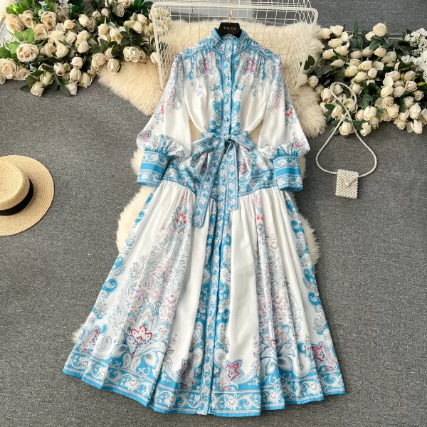 LE1902 Court Style Belted Print Dress Spring Women Design Retro Slim Long French Puffed Sleeve Dress Fashion Women'S Clothes - Image 2