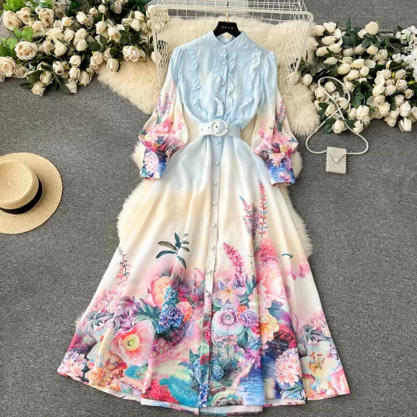 LE1900 2025 New Floral Series Sweet Ruffled Design Print Belted Long Dress French Holiday Style Elegant Office Party Maxi Dress