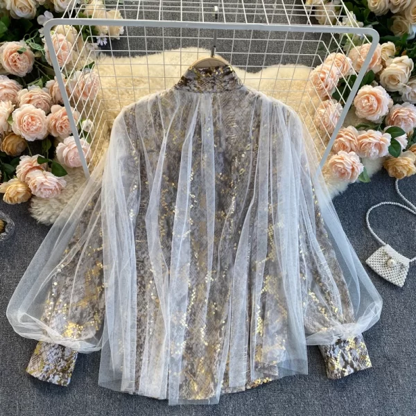 LE4040 Style Gauze Lantern Sleeve Loose With Retro Snakeskin Pattern Socialite Temperament Blouse Blouse - Image 5