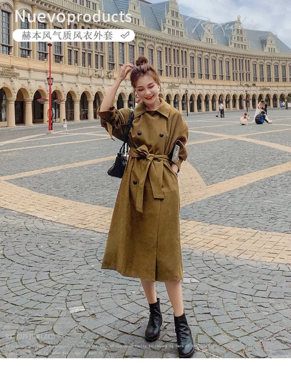 LE4563 Autumn New Fashion Trench Coat Woman Hepburn Wind Long Lace-Up British Wind Loose Coat