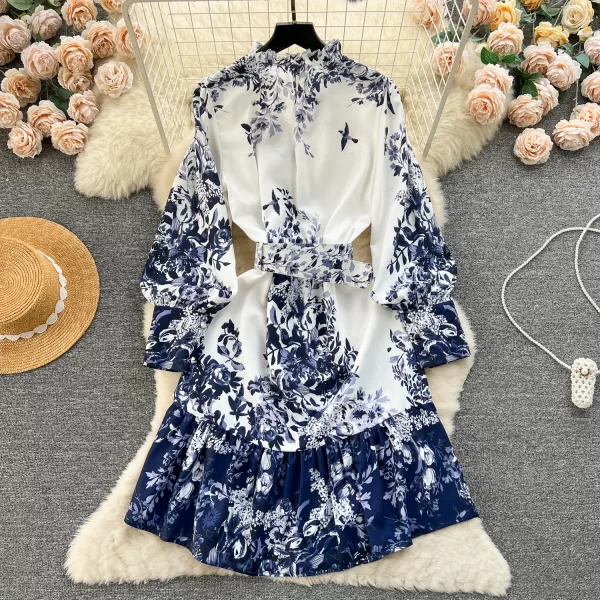LE1916 2025 Vintage Majolica Printed Evening Dress Sweet V-Neck Belted Peplum Ladies Holiday Office Party Mini Casual Dress - Image 2