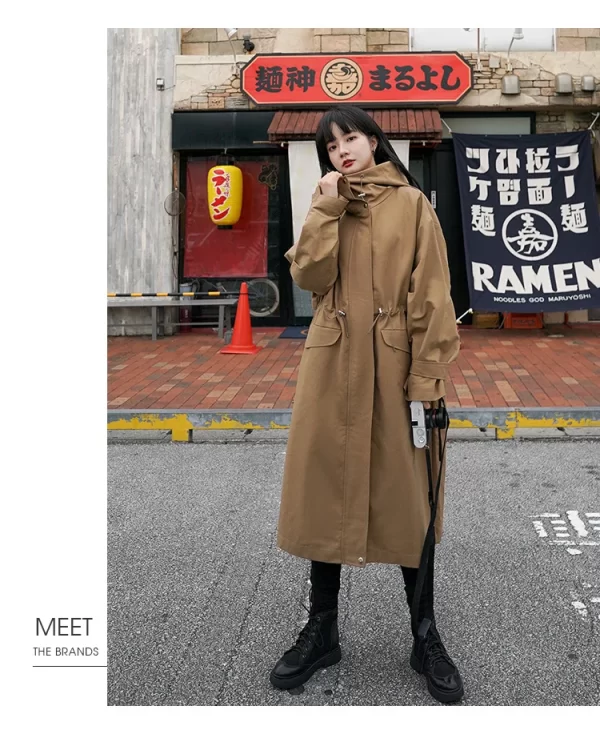 LE4556 Autumn Long Trench Coat Female Korean Version Loose Small Waist Cargo Hooded Coat - Image 5