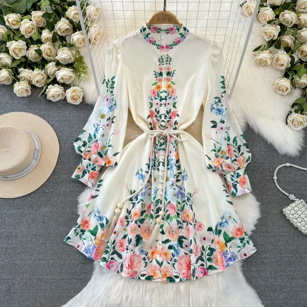 LE1941 Spring Style Bubble Long Sleeve Dress Stand Collar Retro Belted Single-Breasted A-Line Floral Printed Dresses