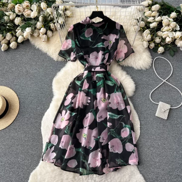 LE1921 Gentle Polo Collar Shirt Dress Female Summer Luxury Strap Waist Commuter Small Temperament Flower Print Dress - Image 2
