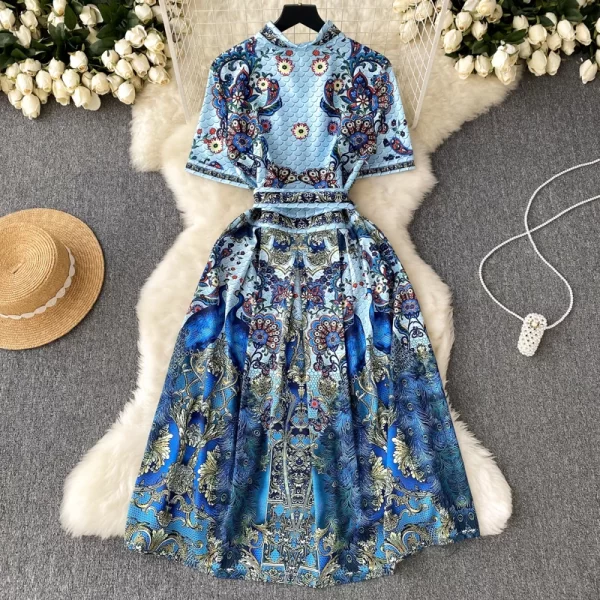 LE1662 Socialite Party Retro Peacock Print Dress Chic Lapel Short Sleeve French Office Party Casual Ladies Boutique Midi Dress - Image 2
