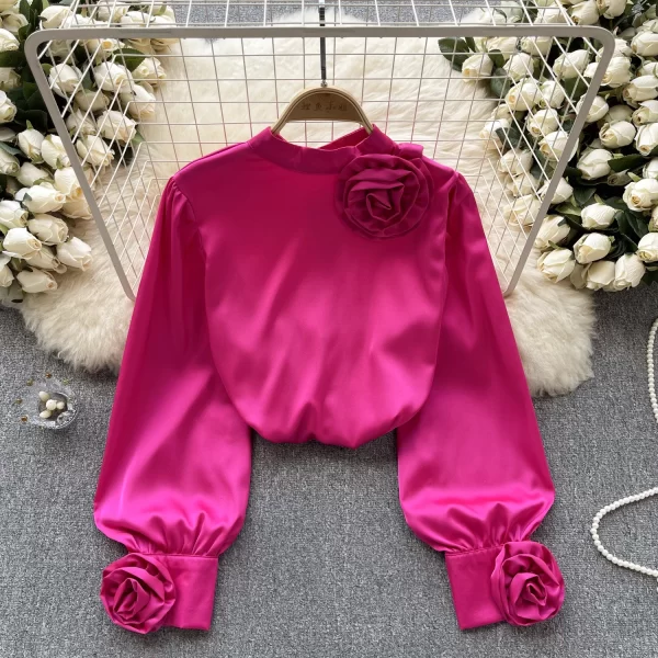 LE4039 French Shirt Women Three-Dimensional Flower Long-Sleeved Temperament Satin Shirt Spring New Top Everything - Image 5