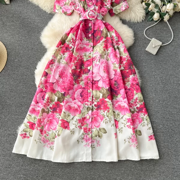 LE1935 2025 Summer Flower Series Print Dress Luxury Suit Collar Single Breasted Evening Gown Ladies Office A-Line Maxi Dress - Image 4