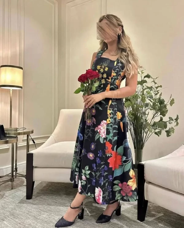 LE1470 2025 New Floral Print Halter Casual Dress Elegant End Heavy Nail Drill Backless Zipper Midi Boutique Women'S Dresses