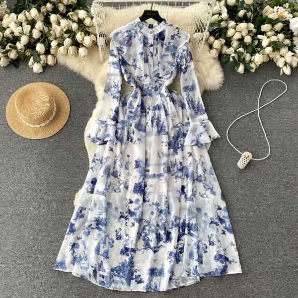 LE1913 European Ins Floral Print Chiffon Dress New French Vintage Bubble Seven-Point Sleeve Bohemian Holiday Maxi Dress Woman
