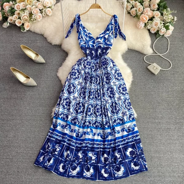 LE2123 Advanced Long Women'S Dress Court Style V-Neck Celadon Maxi Print Dress Elastic Waist  A-Line Elegant Halter Dress