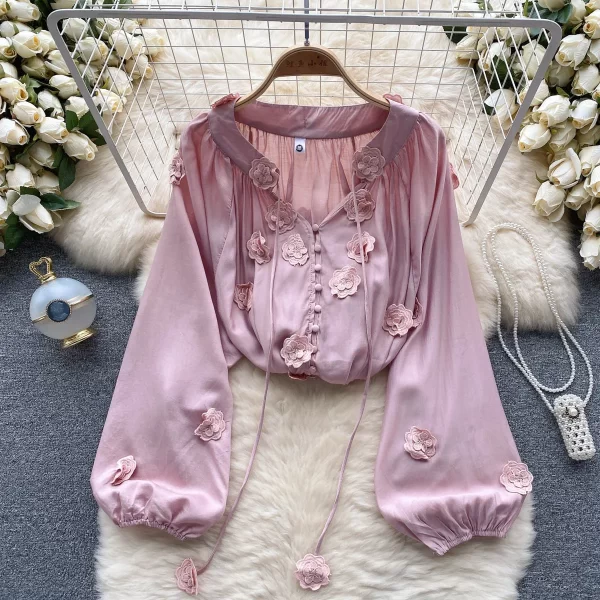 LE4037 Korean Wind Ins Sweet and Gentle Three-Dimensional Flowers Tied up Lantern Sleeve Shirt Female Loose Thin Shirt in Autumn - Image 2